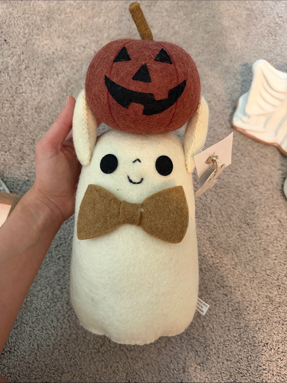 Plush Halloween Ghost with Pumpkin Hat and Bow - Cream & Brown